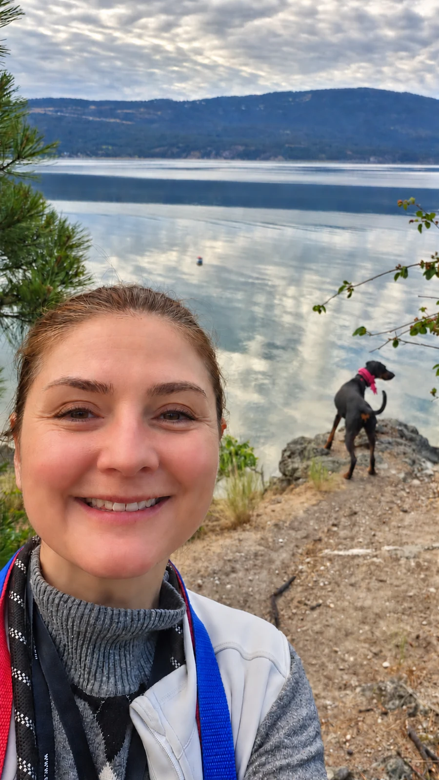 Agathe with California beside a lake